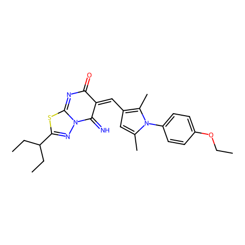 (E)-6-((1-(4-ethoxyphenyl)-2,5-dimethyl-1H-pyrrol-3-yl)methylene)-5-imino-2-(pentan-3-yl)-5H-[1,3,4]thiadiazolo[3,2-a]pyrimidin-7(6H)-one structure