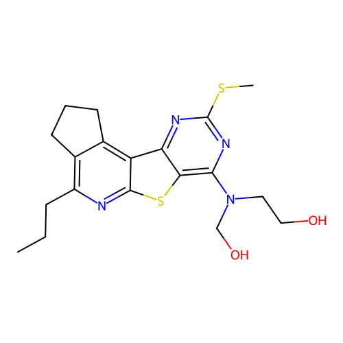 2-((hydroxymethyl)(9-(methylthio)-4-propyl-2,3-dihydro-1H-cyclopenta[4',5']pyrido[3',2':4,5]thieno[3,2-d]pyrimidin-7-yl)amino)ethanol structure