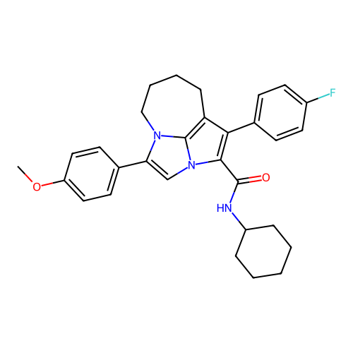 N-cyclohexyl-1-(4-fluorophenyl)-4-(4-methoxyphenyl)-5,6,7,8-tetrahydro-2a,4a-diazacyclopenta[cd]azulene-2-carboxamide structure
