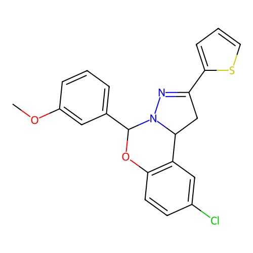 9-chloro-5-(3-methoxyphenyl)-2-(thiophen-2-yl)-1,10b-dihydropyrazolo[1,5-c][1,3]benzoxazine structure