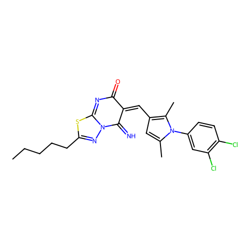 (6E)-6-[[1-(3,4-dichlorophenyl)-2,5-dimethylpyrrol-3-yl]methylidene]-5-imino-2-pentyl-[1,3,4]thiadiazolo[3,2-a]pyrimidin-7-one structure
