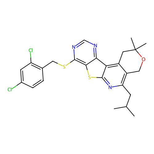 8-((2,4-dichlorobenzyl)thio)-5-isobutyl-2,2-dimethyl-2,4-dihydro-1H-pyrano[4'',3'':4',5']pyrido[3',2':4,5]thieno[3,2-d]pyrimidine structure