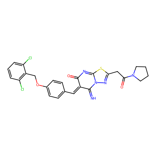 (6Z)-6-[[4-[(2,6-dichlorophenyl)methoxy]phenyl]methylidene]-5-imino-2-(2-oxo-2-pyrrolidin-1-ylethyl)-[1,3,4]thiadiazolo[3,2-a]pyrimidin-7-one structure