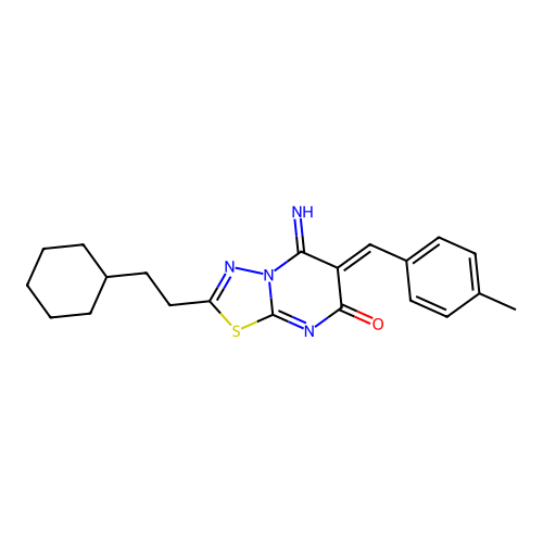 (Z)-2-(2-cyclohexylethyl)-5-imino-6-(4-methylbenzylidene)-5H-[1,3,4]thiadiazolo[3,2-a]pyrimidin-7(6H)-one structure