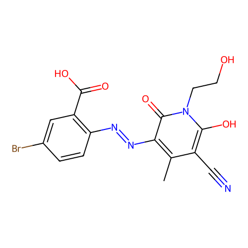 (E)-5-bromo-2-(2-(5-cyano-1-(2-hydroxyethyl)-4-methyl-2,6-dioxo-1,6-dihydropyridin-3(2H)-ylidene)hydrazinyl)benzoic acid structure