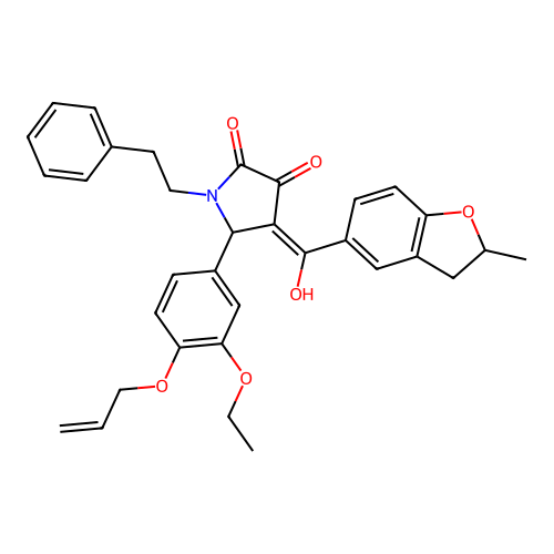 (4E)-5-(3-ethoxy-4-prop-2-enoxyphenyl)-4-[hydroxy-(2-methyl-2,3-dihydro-1-benzofuran-5-yl)methylidene]-1-phenethylpyrrolidine-2,3-dione structure