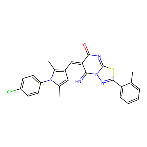(6E)-6-[[1-(4-chlorophenyl)-2,5-dimethylpyrrol-3-yl]methylidene]-5-imino-2-(2-methylphenyl)-[1,3,4]thiadiazolo[3,2-a]pyrimidin-7-one structure
