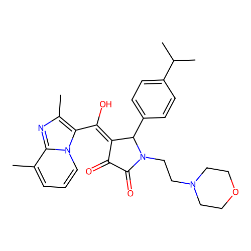 (4E)-4-[(2,8-dimethylimidazo[1,2-a]pyridin-3-yl)-hydroxymethylidene]-1-(2-morpholin-4-ylethyl)-5-(4-propan-2-ylphenyl)pyrrolidine-2,3-dione structure
