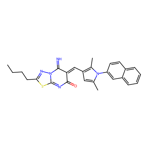(6Z)-2-butyl-6-[(2,5-dimethyl-1-naphthalen-2-ylpyrrol-3-yl)methylidene]-5-imino-[1,3,4]thiadiazolo[3,2-a]pyrimidin-7-one structure