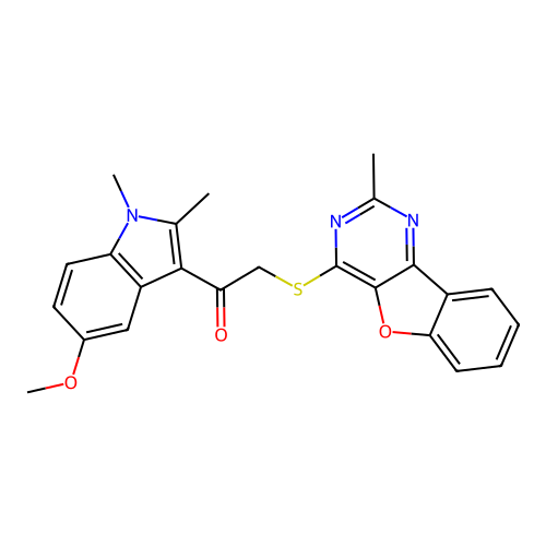 1-(5-methoxy-1,2-dimethyl-1H-indol-3-yl)-2-((2-methylbenzofuro[3,2-d]pyrimidin-4-yl)thio)ethanone structure