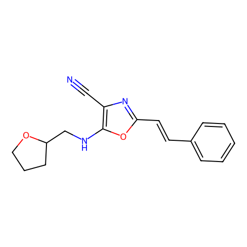 2-[(E)-2-phenylethenyl]-5-[(tetrahydrofuran-2-ylmethyl)amino]-1,3-oxazole-4-carbonitrile structure