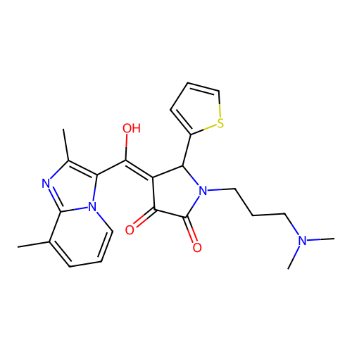(4E)-1-[3-(dimethylamino)propyl]-4-[(2,8-dimethylimidazo[1,2-a]pyridin-3-yl)-hydroxymethylidene]-5-thiophen-2-ylpyrrolidine-2,3-dione structure