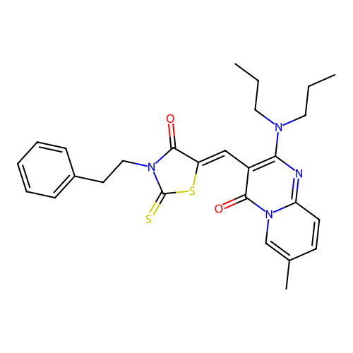 2-(dipropylamino)-7-methyl-3-{(Z)-[4-oxo-3-(2-phenylethyl)-2-thioxo-1,3-thiazolidin-5-ylidene]methyl}-4H-pyrido[1,2-a]pyrimidin-4-one structure