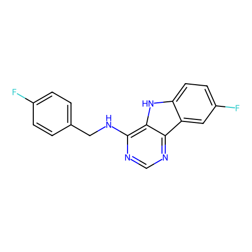 8-fluoro-N-(4-fluorobenzyl)-5H-pyrimido[5,4-b]indol-4-amine structure