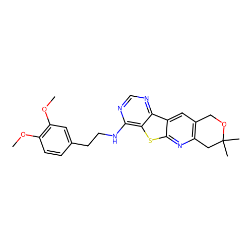 N-(3,4-dimethoxyphenethyl)-8,8-dimethyl-8,10-dihydro-7H-pyrano[3'',4'':5',6']pyrido[3',2':4,5]thieno[3,2-d]pyrimidin-4-amine structure
