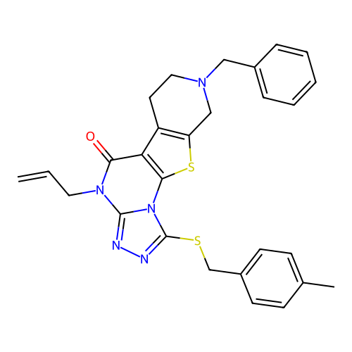 4-allyl-8-benzyl-1-((4-methylbenzyl)thio)-6,7,8,9-tetrahydropyrido[4',3':4,5]thieno[3,2-e][1,2,4]triazolo[4,3-a]pyrimidin-5(4H)-one structure