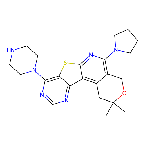 2,2-dimethyl-8-(piperazin-1-yl)-5-(pyrrolidin-1-yl)-1,4-dihydro-2H-pyrano[4'',3'':4',5']pyrido[3',2':4,5]thieno[3,2-d]pyrimidine structure