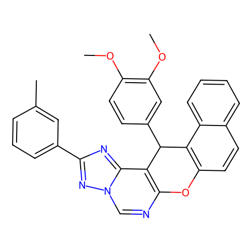 14-(3,4-dimethoxyphenyl)-2-(3-methylphenyl)-14H-benzo[5,6]chromeno[3,2-e][1,2,4]triazolo[1,5-c]pyrimidine structure