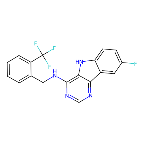 8-fluoro-N-(2-(trifluoromethyl)benzyl)-5H-pyrimido[5,4-b]indol-4-amine structure