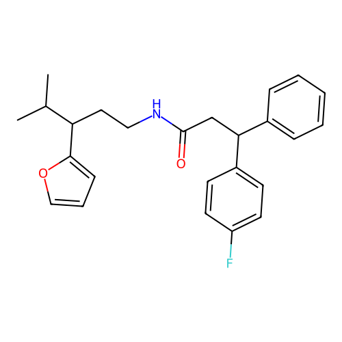 3-(4-fluorophenyl)-N-[3-(furan-2-yl)-4-methylpentyl]-3-phenylpropanamide structure