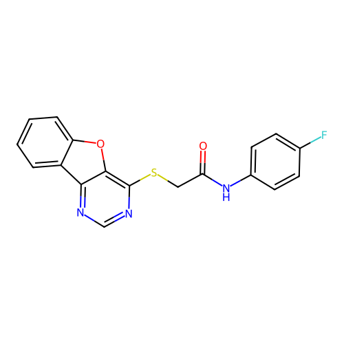 2-(benzofuro[3,2-d]pyrimidin-4-ylthio)-N-(4-fluorophenyl)acetamide structure