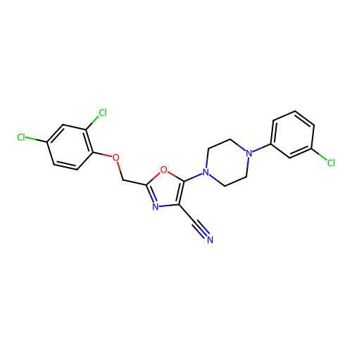 5-[4-(3-chlorophenyl)piperazin-1-yl]-2-[(2,4-dichlorophenoxy)methyl]-1,3-oxazole-4-carbonitrile structure