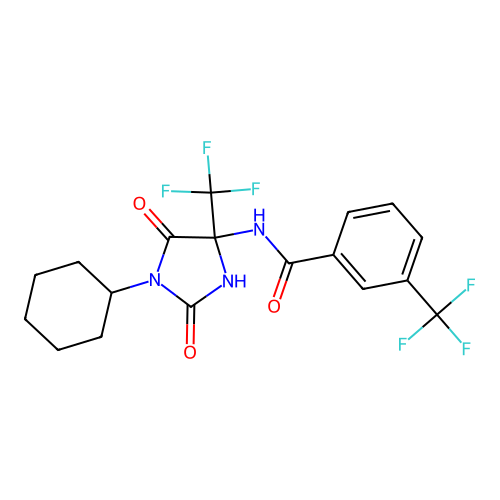 N-[1-cyclohexyl-2,5-dioxo-4-(trifluoromethyl)imidazolidin-4-yl]-3-(trifluoromethyl)benzamide structure
