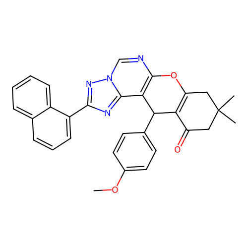 12-(4-methoxyphenyl)-9,9-dimethyl-2-(naphthalen-1-yl)-8,9,10,12-tetrahydro-11H-chromeno[3,2-e][1,2,4]triazolo[1,5-c]pyrimidin-11-one structure