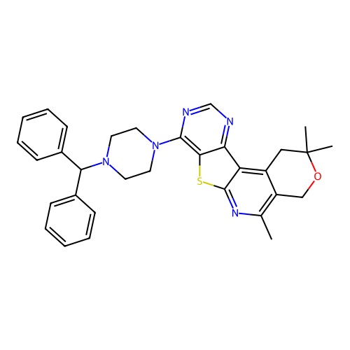 8-(4-benzhydrylpiperazin-1-yl)-2,2,5-trimethyl-2,4-dihydro-1H-pyrano[4'',3'':4',5']pyrido[3',2':4,5]thieno[3,2-d]pyrimidine structure
