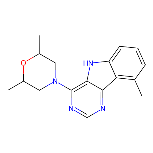 2,6-dimethyl-4-(9-methyl-5H-pyrimido[5,4-b]indol-4-yl)morpholine structure
