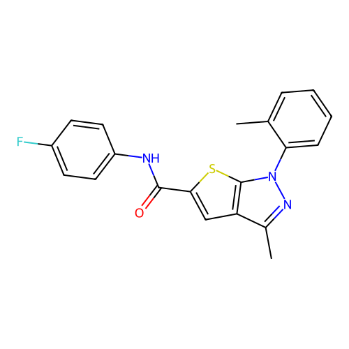 N-(4-fluorophenyl)-3-methyl-1-(2-methylphenyl)-1H-thieno[2,3-c]pyrazole-5-carboxamide structure