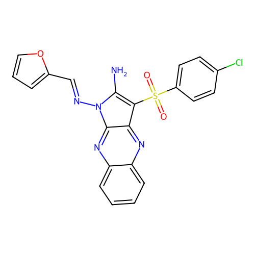 (E)-3-((4-chlorophenyl)sulfonyl)-N1-(furan-2-ylmethylene)-1H-pyrrolo[2,3-b]quinoxaline-1,2-diamine structure