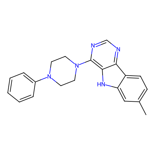 7-methyl-4-(4-phenylpiperazin-1-yl)-5H-pyrimido[5,4-b]indole structure