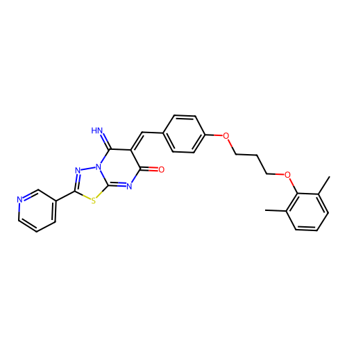 (6Z)-6-[[4-[3-(2,6-dimethylphenoxy)propoxy]phenyl]methylidene]-5-imino-2-pyridin-3-yl-[1,3,4]thiadiazolo[3,2-a]pyrimidin-7-one structure