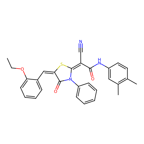 (2E)-2-cyano-N-(3,4-dimethylphenyl)-2-[(5E)-5-(2-ethoxybenzylidene)-4-oxo-3-phenyl-1,3-thiazolidin-2-ylidene]ethanamide structure