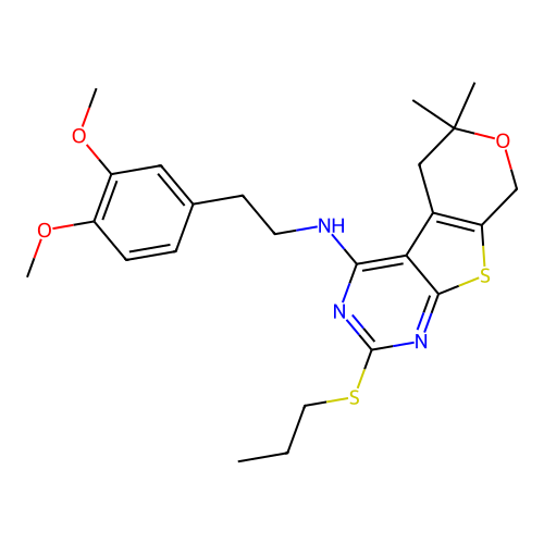 N-(3,4-dimethoxyphenethyl)-6,6-dimethyl-2-(propylthio)-6,8-dihydro-5H-pyrano[4',3':4,5]thieno[2,3-d]pyrimidin-4-amine structure