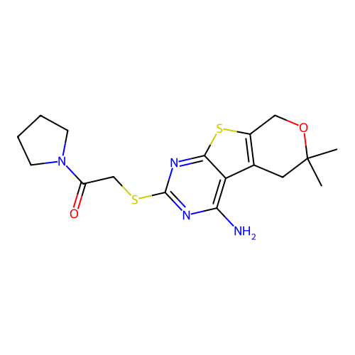 2-((4-amino-6,6-dimethyl-6,8-dihydro-5H-pyrano[4',3':4,5]thieno[2,3-d]pyrimidin-2-yl)thio)-1-(pyrrolidin-1-yl)ethanone structure