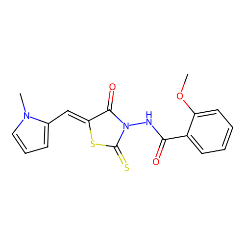 (Z)-2-methoxy-N-(5-((1-methyl-1H-pyrrol-2-yl)methylene)-4-oxo-2-thioxothiazolidin-3-yl)benzamide structure