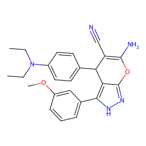 6-amino-4-[4-(diethylamino)phenyl]-3-(3-methoxyphenyl)-2,4-dihydropyrano[2,3-c]pyrazole-5-carbonitrile structure
