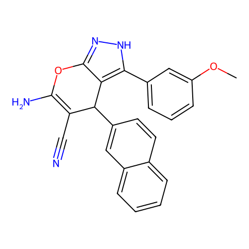 6-amino-3-(3-methoxyphenyl)-4-(naphthalen-2-yl)-1,4-dihydropyrano[2,3-c]pyrazole-5-carbonitrile structure