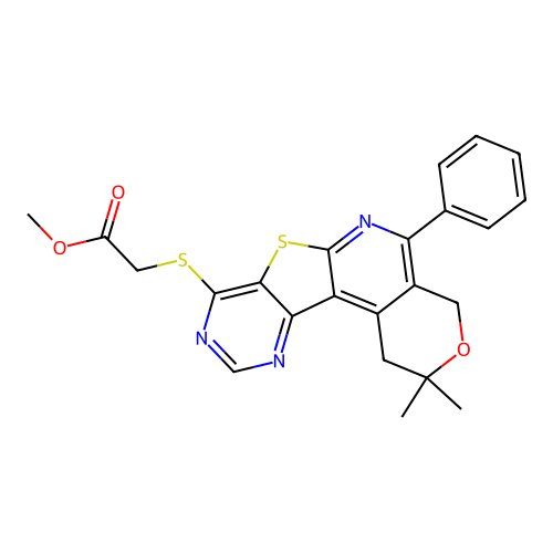 methyl [(2,2-dimethyl-5-phenyl-1,4-dihydro-2H-pyrano[4'',3'':4',5']pyrido[3',2':4,5]thieno[3,2-d]pyrimidin-8-yl)sulfanyl]acetate structure