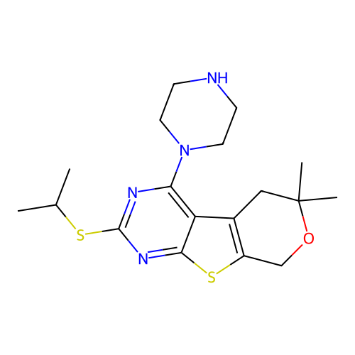 2-(isopropylthio)-6,6-dimethyl-4-(piperazin-1-yl)-6,8-dihydro-5H-pyrano[4',3':4,5]thieno[2,3-d]pyrimidine structure
