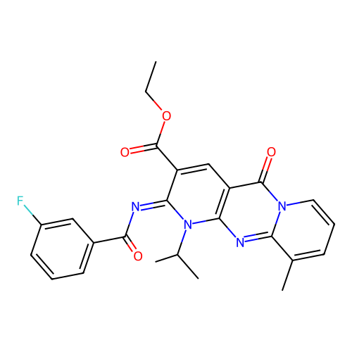 (Z)-ethyl 2-((3-fluorobenzoyl)imino)-1-isopropyl-10-methyl-5-oxo-2,5-dihydro-1H-dipyrido[1,2-a:2',3'-d]pyrimidine-3-carboxylate structure