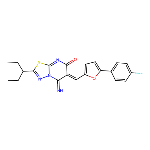 (6Z)-6-[[5-(4-fluorophenyl)furan-2-yl]methylidene]-5-imino-2-pentan-3-yl-[1,3,4]thiadiazolo[3,2-a]pyrimidin-7-one structure
