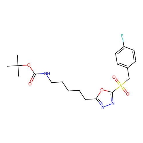 tert-butyl (5-(5-((4-fluorobenzyl)sulfonyl)-1,3,4-oxadiazol-2-yl)pentyl)carbamate structure