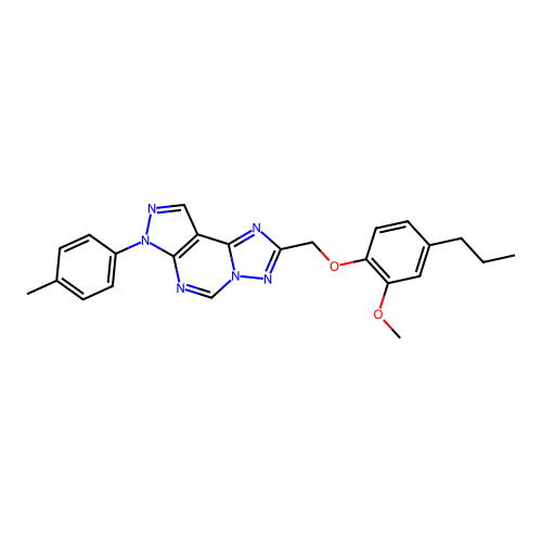 2-((2-methoxy-4-propylphenoxy)methyl)-7-(p-tolyl)-7H-pyrazolo[4,3-e][1,2,4]triazolo[1,5-c]pyrimidine structure