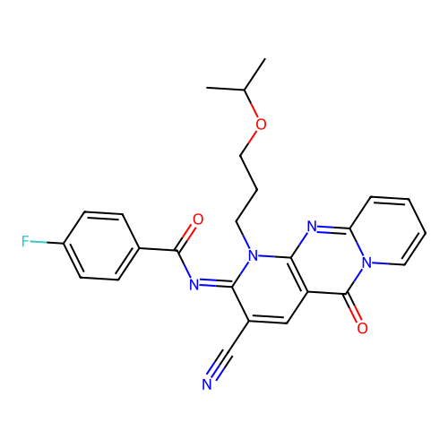 (E)-N-(3-cyano-1-(3-isopropoxypropyl)-5-oxo-1H-dipyrido[1,2-a:2',3'-d]pyrimidin-2(5H)-ylidene)-4-fluorobenzamide structure