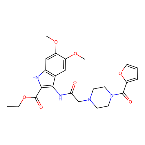 ethyl 3-({[4-(furan-2-ylcarbonyl)piperazin-1-yl]acetyl}amino)-5,6-dimethoxy-1H-indole-2-carboxylate structure