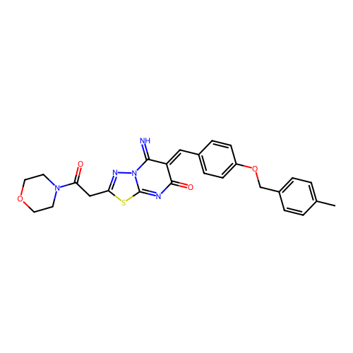 (6Z)-5-imino-6-[[4-[(4-methylphenyl)methoxy]phenyl]methylidene]-2-(2-morpholin-4-yl-2-oxoethyl)-[1,3,4]thiadiazolo[3,2-a]pyrimidin-7-one structure