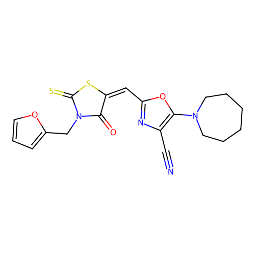 (E)-5-(azepan-1-yl)-2-((3-(furan-2-ylmethyl)-4-oxo-2-thioxothiazolidin-5-ylidene)methyl)oxazole-4-carbonitrile structure